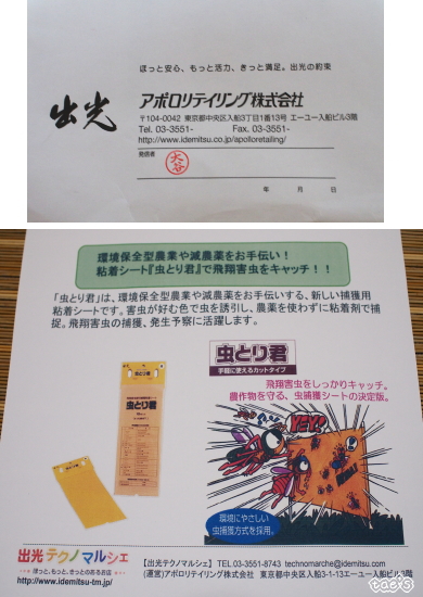 口コミ：☆　アポロリテイリング株式会社さん　環境保全型農業や減農薬をお手伝い！粘着シート『虫とり君』で飛翔害虫をキャッチ！！ただいま実験中。の画像（1枚目）