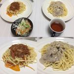 ワイン飲まないのでボジョレーではなく麦茶ですが、とっても美味しいパスタソースでした！家庭でお店の味！ポルチーニとトリュフのクリームソースカニのペペロンチーノどちらも美味しくてお代わりし…のInstagram画像