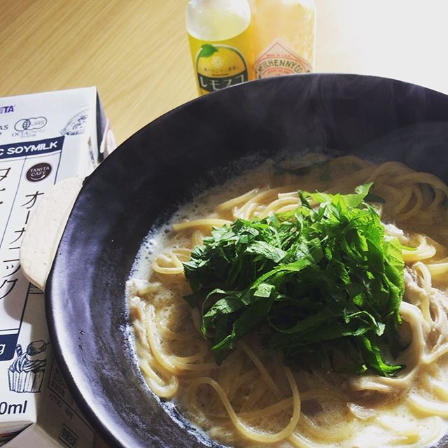 口コミ投稿：お昼です。舞茸の豆乳スパゲティー。シソ乗せすぎ。#マルサン #マルサンオーガニック…