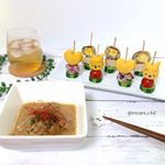 今日の家バルは馬ホルモンの味噌煮込みとプーさんの和風ピンチョスです😊🐎＊蒸したまごでプーさんを、あとはお弁当用に作り起きしていた柴漬け団子とうずら卵バーグです☺️✨＊週末から調子悪かっ…のInstagram画像