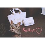 白地にSmile柄がかわいいサブバッグとスクエアポーチ。写真に撮ろうと思ったら、うちのにゃんこが興味津々でした🤣*こちら㈱カリンピアさんの商品。100均や300均などプチプラなアイテムを取…のInstagram画像