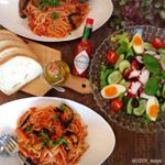 ・・I made tomato sauce pasta with vegetable juice and tomato juice・・こんばんは・・久しぶりにパスタ🍝食…のInstagram画像