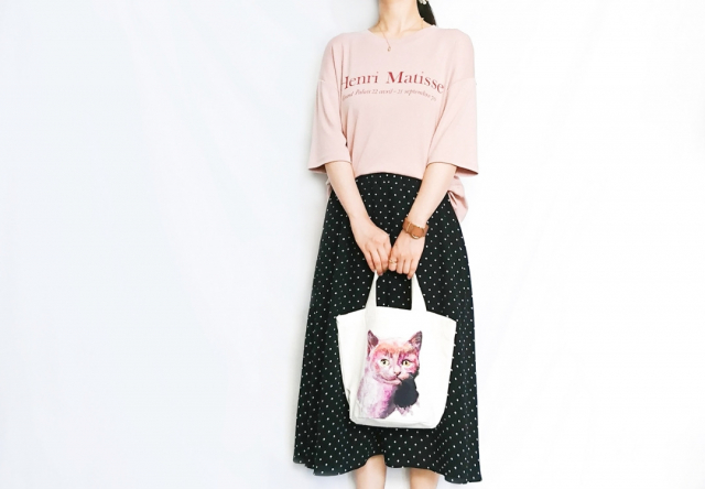 口コミ：GUドットスカートと猫好きにおすすめのバッグでピンク系コーデ♡の画像（8枚目）