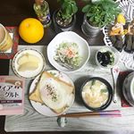 本日の朝ご飯は、エッグトーストです🐱🌈抹茶も点てたよ🍵酢に漬けた#食べる煮干しのマリネ とブロッコリースプラウトのサラダも美味しい😇ヨーグルトは、自家製の豆乳ヨーグルトです🎀花粉症…のInstagram画像