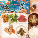 .💙海から揚💙..#今日の晩ご飯✔︎海から揚(いかのから揚げ・白身魚のから揚げ)✔︎手羽元の酸っぱ煮✔︎じゃこピーマン✔︎マグロ刺身✔︎豚汁✔︎ごはん.…のInstagram画像