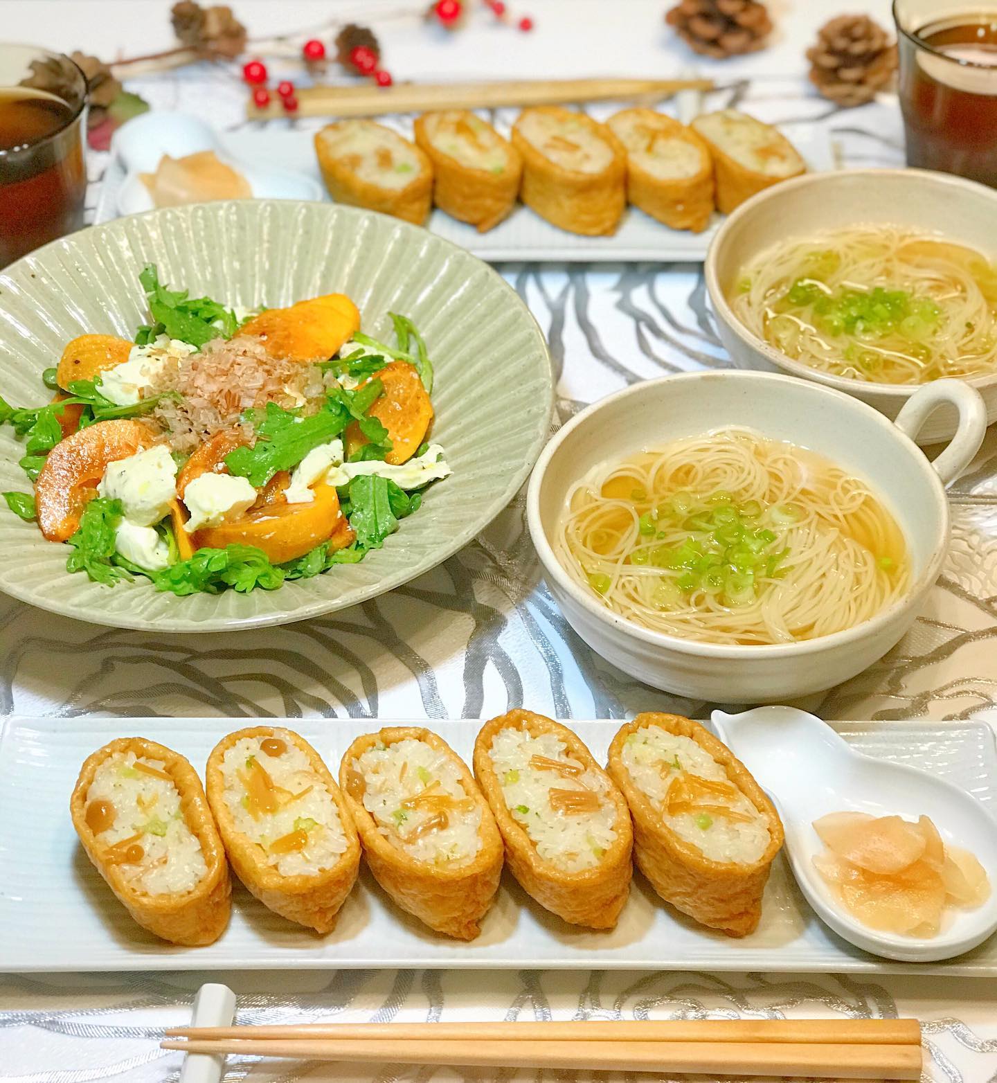 口コミ投稿：こんばんは😊昨日の晩ご飯🥢メニューは🍁なめ茸いなり寿司🍁自家製生姜の甘酢漬け🍁そうめ…