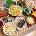 今日の晩ごはんは和食ごはん ☺️☺️冷蔵庫にあった野菜たくさん使いました🥦#鯖の塩焼き 、#炊き込みご飯 、#カレー 味の#マセドニアンサラダ お味噌汁 茄子の煮浸し 、きんぴらごぼう #ブロ…のInstagram画像