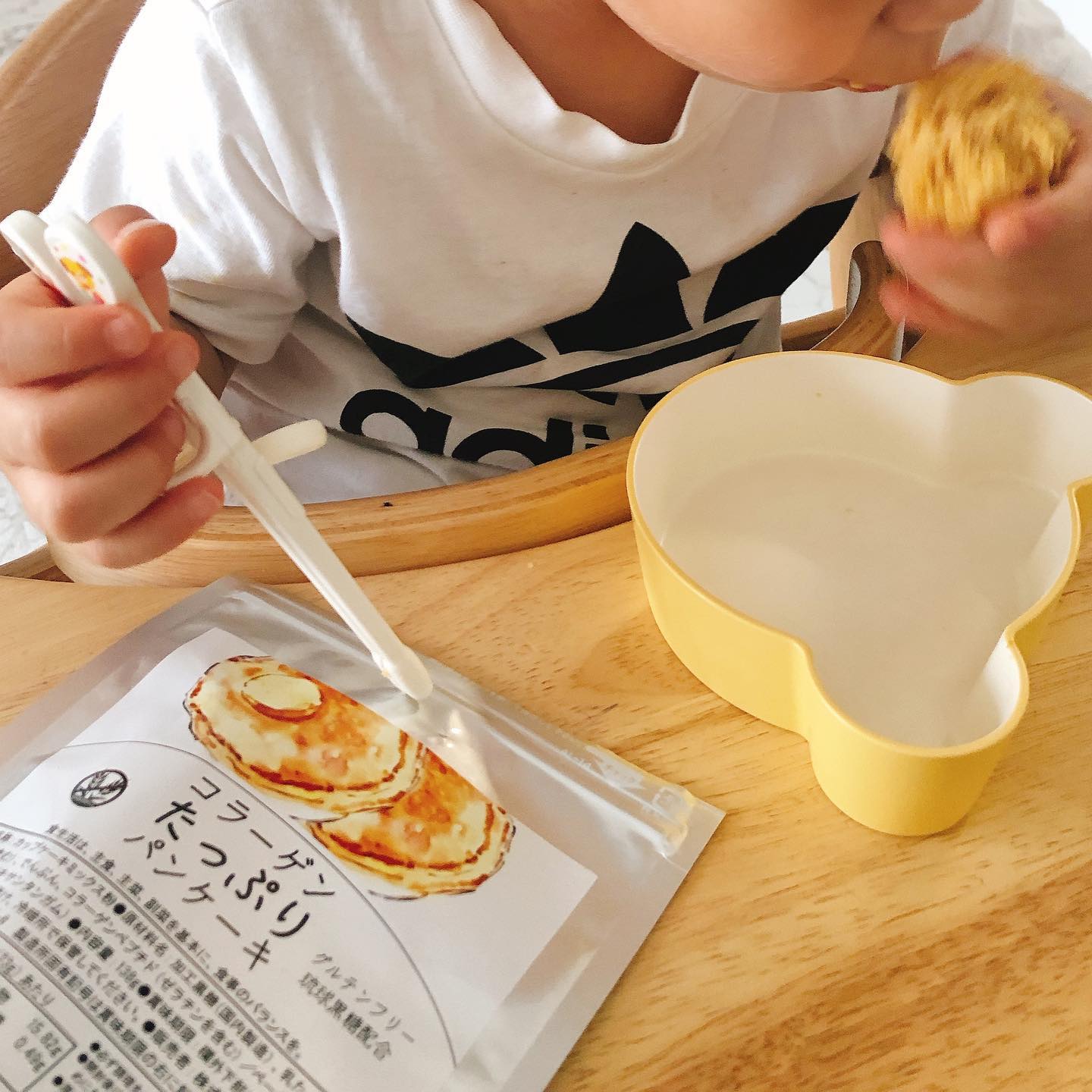 口コミ投稿：コラーゲンたっぷりパンケーキ🥞お試しさせていただきました✨①粉と卵をマグカップに入…