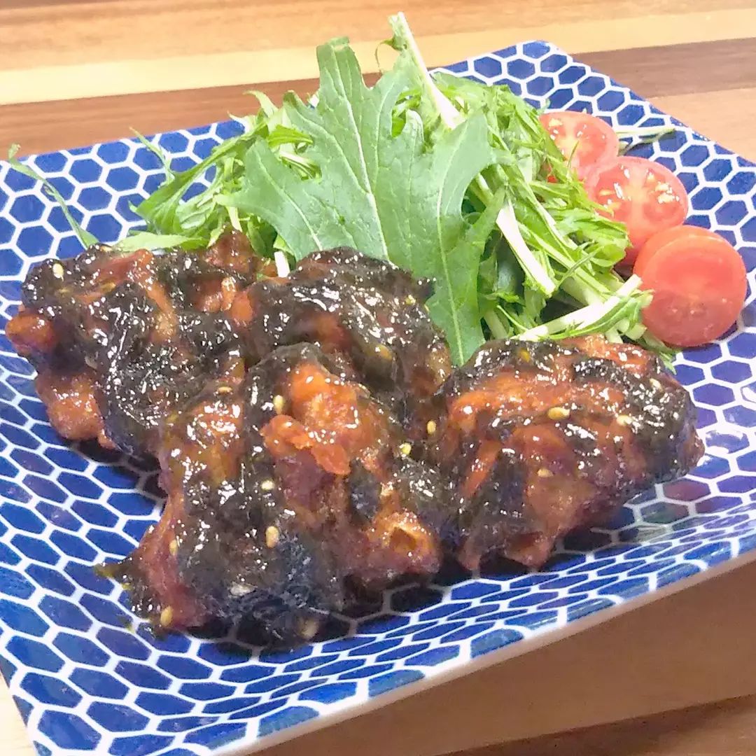 口コミ投稿：鶏唐の梅のり和え。和えダレの作り方は簡単で材料３つ。みりん(大さじ４)を１分間沸…