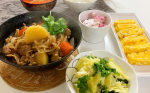 昨日のごはん🍀🍀🍀肉じゃがキャベツとわさび菜のおひたし(#はさめず のだし醤油)ミルク入りマヨ卵焼き長芋のゆかり和え人参とえのきと舞茸の蕎麦湯スープ(#豊の天然だし　使用)…のInstagram画像