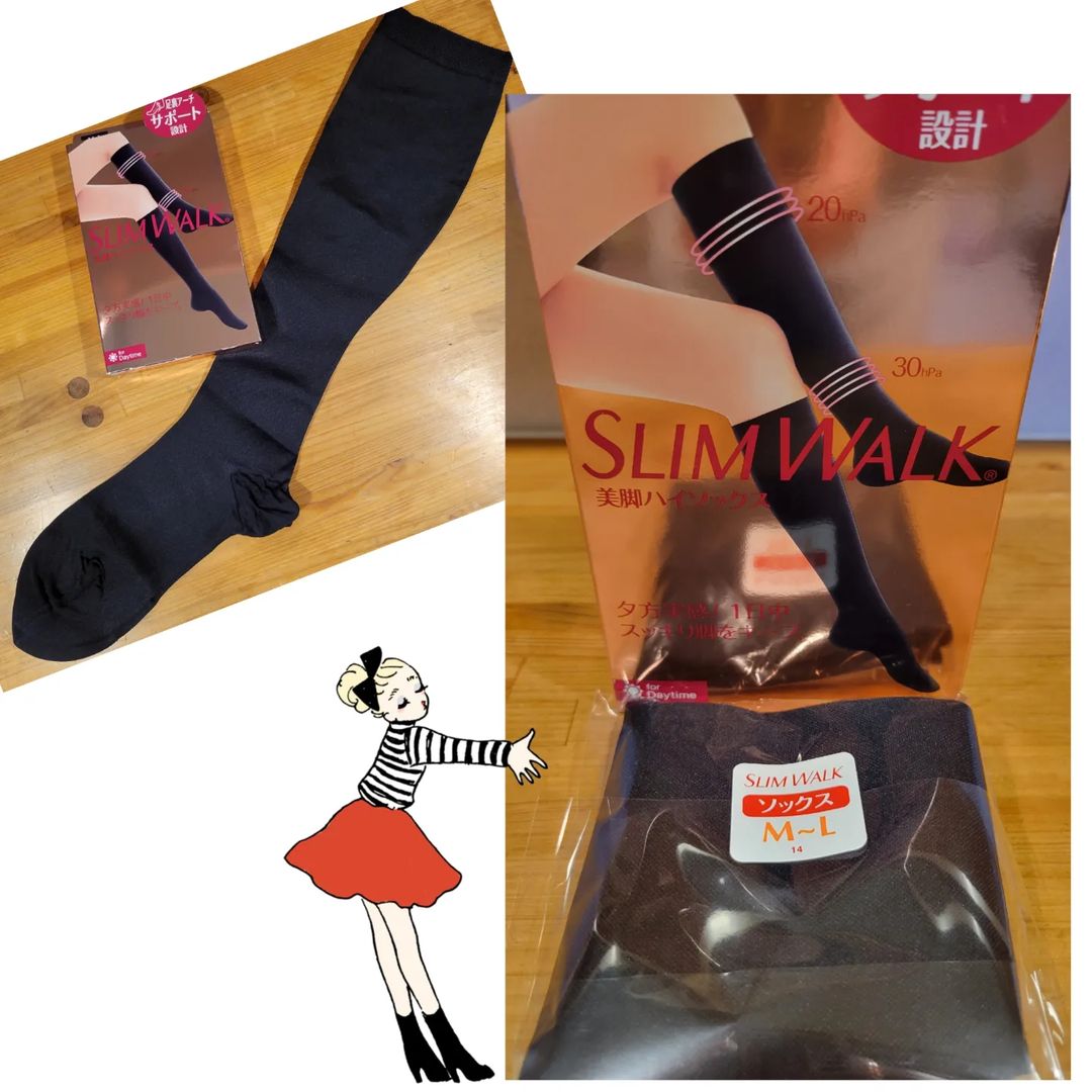 口コミ投稿：SLIMWALK　美脚ハイソックス早速使ってみた‼️足にいれるために靴下の先端部分をたぐ…