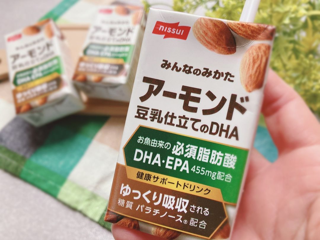 口コミ投稿：ニッスイアーモンド豆乳仕立てのDHA😊お魚由来の必須脂肪酸DHA・EPAを1本に455mg配合🐟…