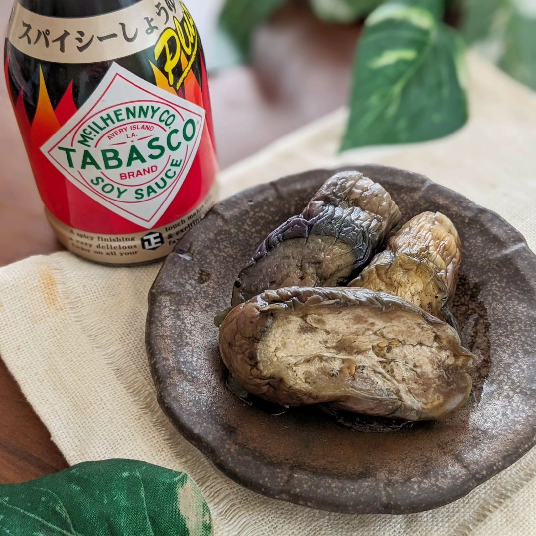 口コミ投稿：.正田醤油のスパイシーしょうゆを使った茄子の煮物使ったお醤油はタバスコとコラボし…