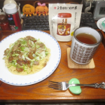 本日(20241105)のChuShock!😱　「玉露園　しいたけ茶」とアルモンで、、　「しいたけ茶パスタ」🍄🍝　　お飲み物は、「甲類焼酎緑茶割」🍵(^〇^)　　パスタも良い感じに…のInstagram画像