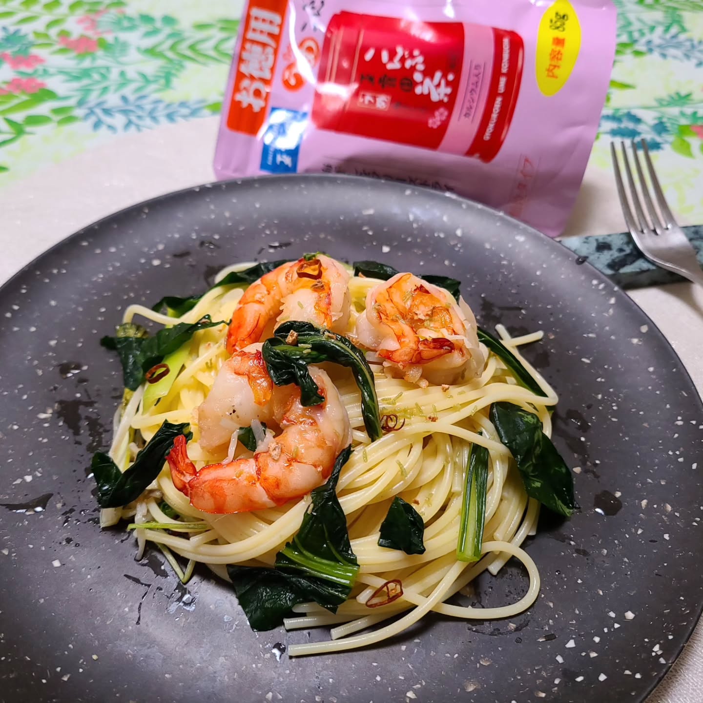口コミ投稿：えびと小松菜の梅こんぶ茶パスタ🍝『お徳用梅こんぶ茶』を玉露園さまからご提供いただ…