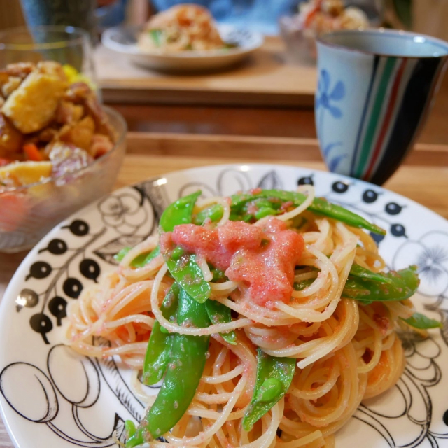 口コミ：玉露園わさび風味こんぶ茶て作る春の明太子パスタ、昨日の晩ごはんの画像（1枚目）